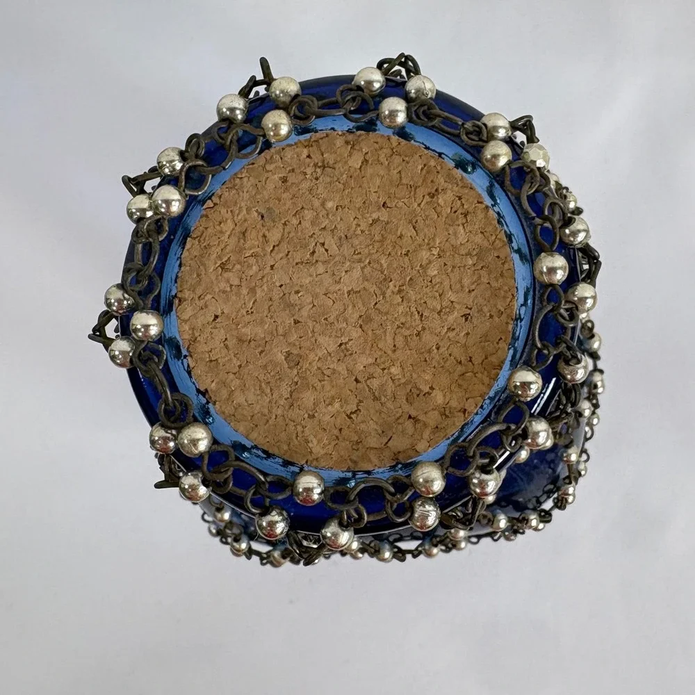 Vintage Bottle Cobalt Blue Recycled Glass Cork Decorative Chain Net Made Spain